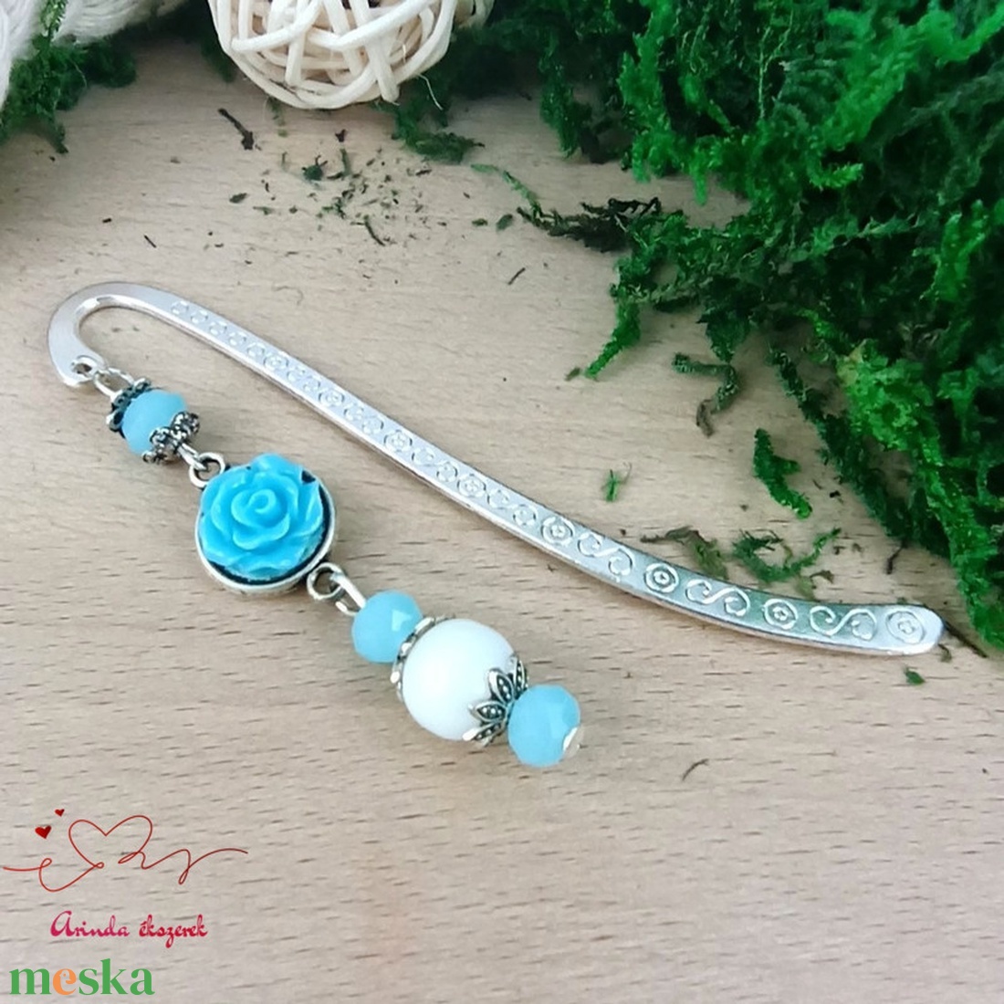 Világoskék rózsás könyvjelző - Anyák napi apró figyelmesség #6 - könyv & zene - könyvjelző - Meska.hu