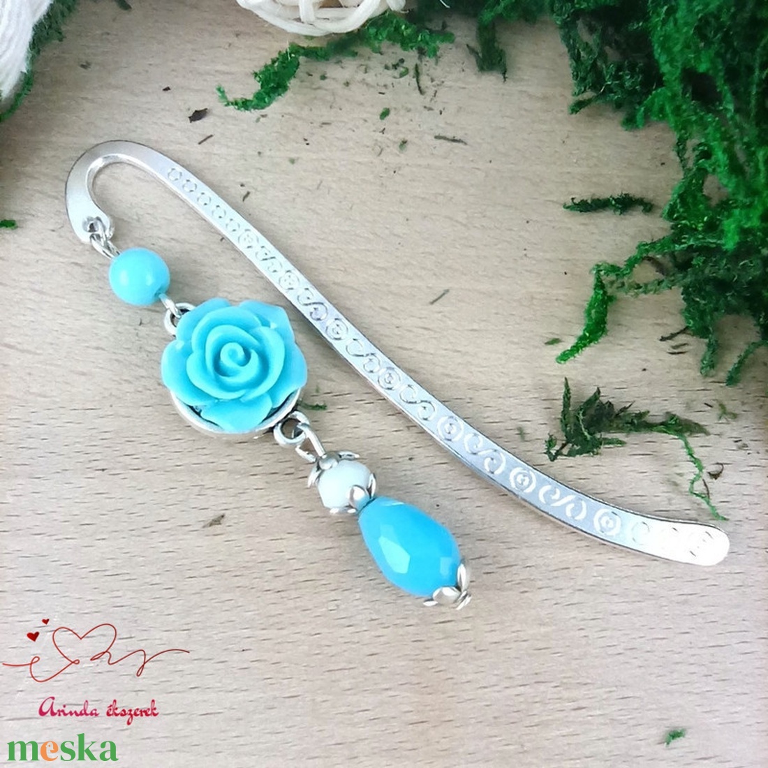 Világoskék rózsás könyvjelző - Anyák napi apró figyelmesség #1 - könyv & zene - könyvjelző - Meska.hu