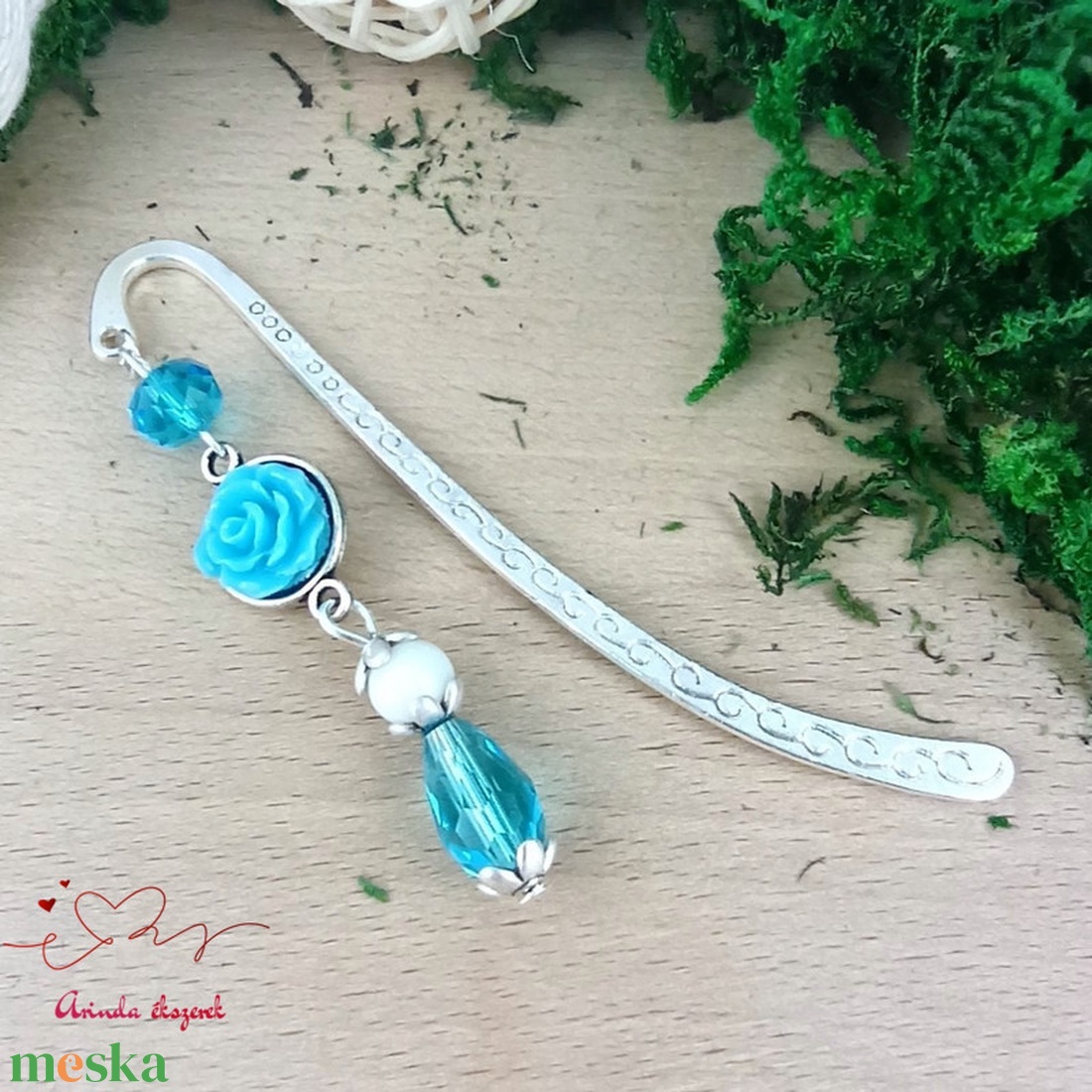 Világoskék rózsás könyvjelző - Anyák napi apró figyelmesség #5 - könyv & zene - könyvjelző - Meska.hu