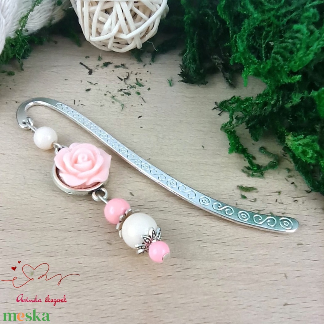 Rózsaszín rózsás könyvjelző - Anyák napi apró figyelmesség #20 - könyv & zene - könyvjelző - Meska.hu