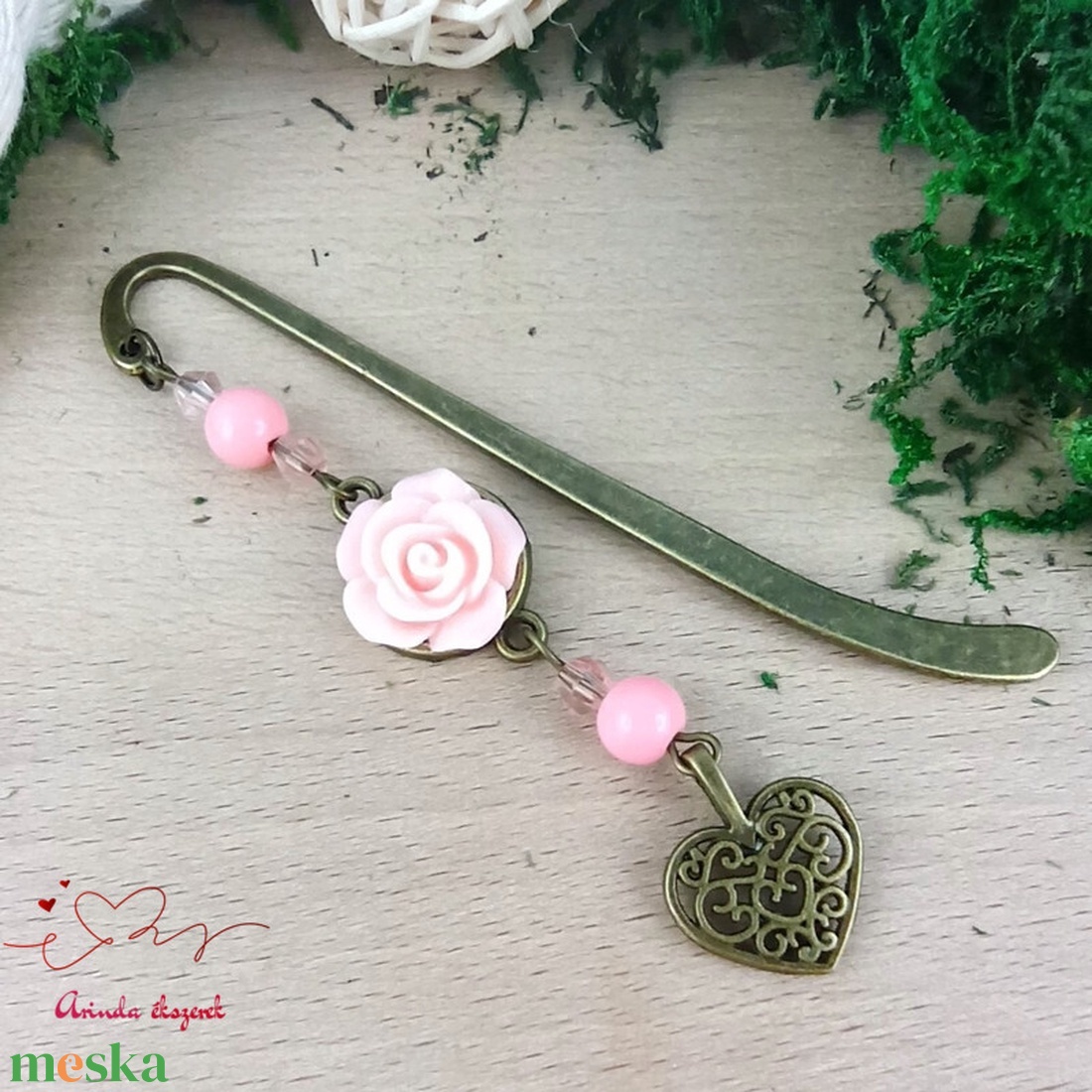 Rózsaszín rózsás könyvjelző - Anyák napi apró figyelmesség #25 - könyv & zene - könyvjelző - Meska.hu