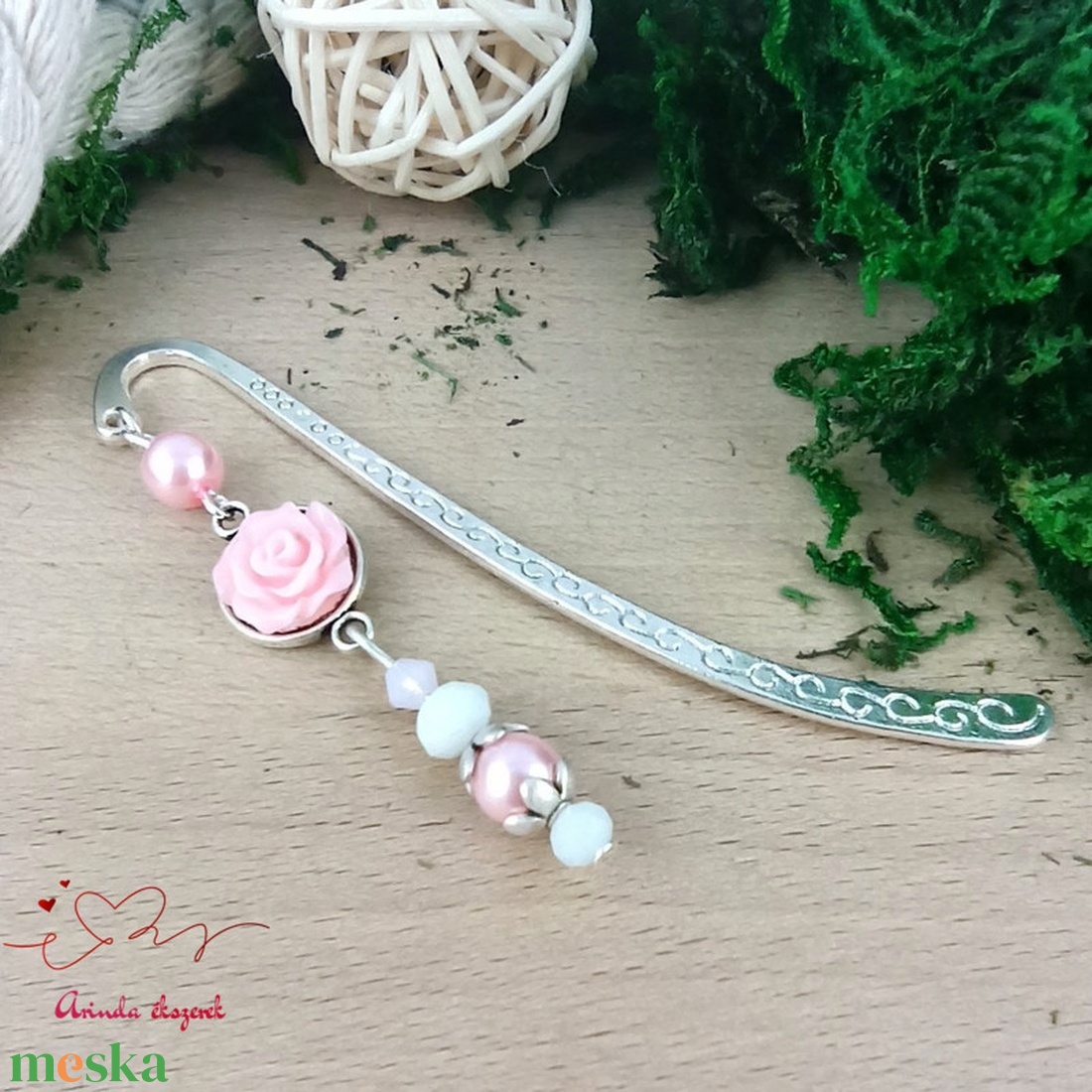 Rózsaszín rózsás könyvjelző - Anyák napi apró figyelmesség #19 - könyv & zene - könyvjelző - Meska.hu