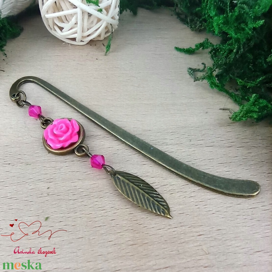 Pink rózsás könyvjelző - Anyák napi apró figyelmesség #88 - könyv & zene - könyvjelző - Meska.hu