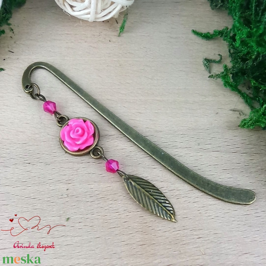 Pink rózsás könyvjelző - Anyák napi apró figyelmesség #88 - könyv & zene - könyvjelző - Meska.hu