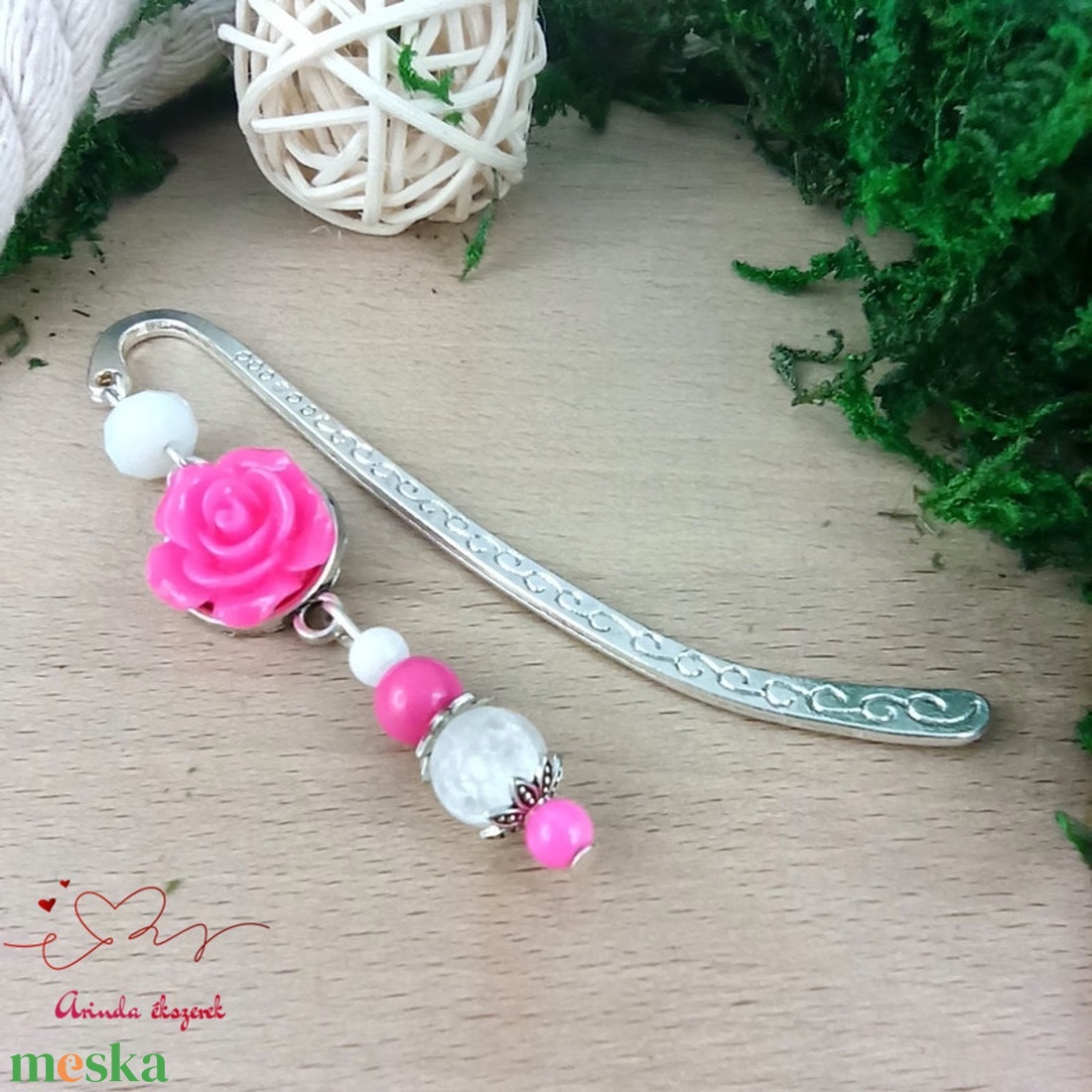 Pink rózsás könyvjelző - Anyák napi apró figyelmesség #89 - könyv & zene - könyvjelző - Meska.hu