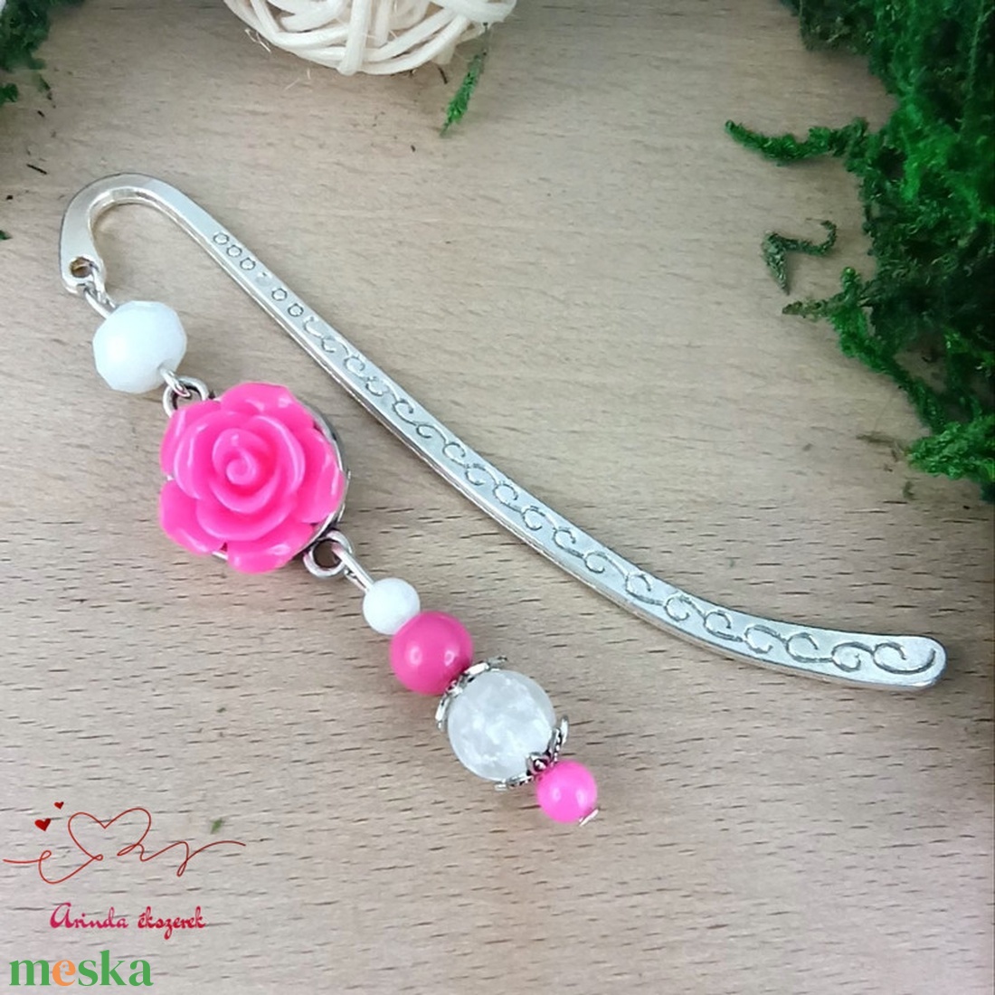 Pink rózsás könyvjelző - Anyák napi apró figyelmesség #89 - könyv & zene - könyvjelző - Meska.hu