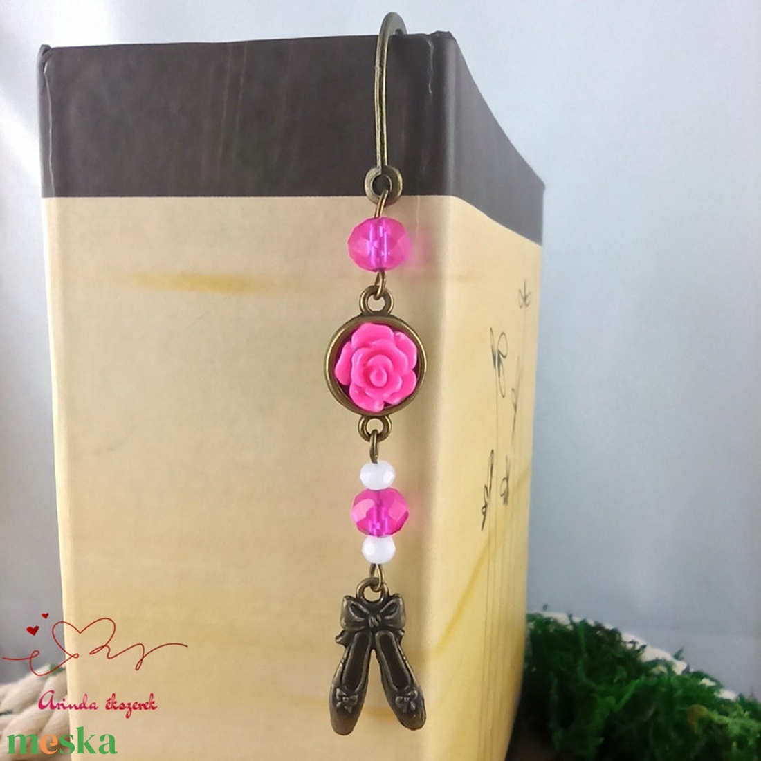 Pink rózsás könyvjelző - Anyák napi apró figyelmesség #90 - könyv & zene - könyvjelző - Meska.hu