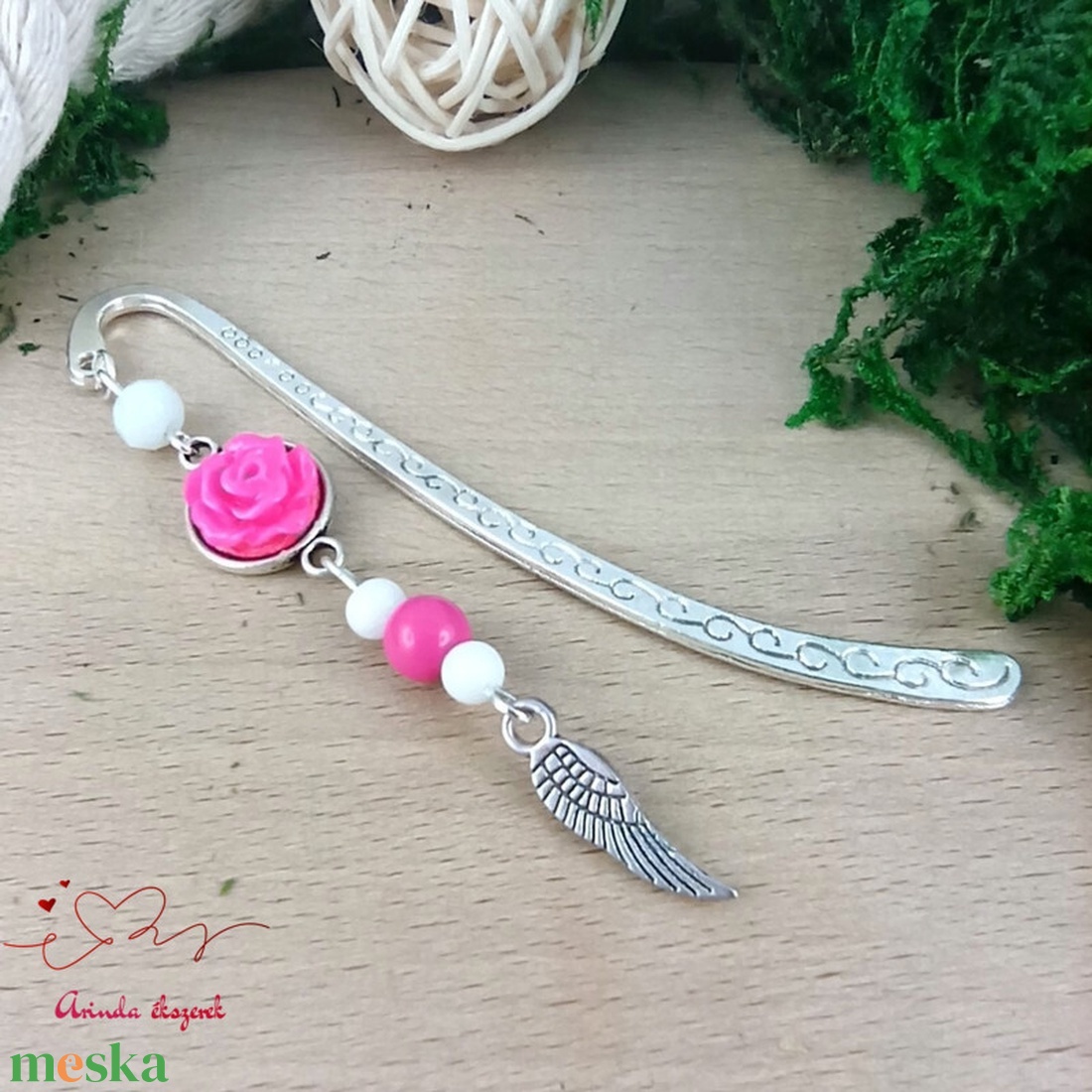 Pink rózsás könyvjelző - Anyák napi apró figyelmesség #84 - könyv & zene - könyvjelző - Meska.hu