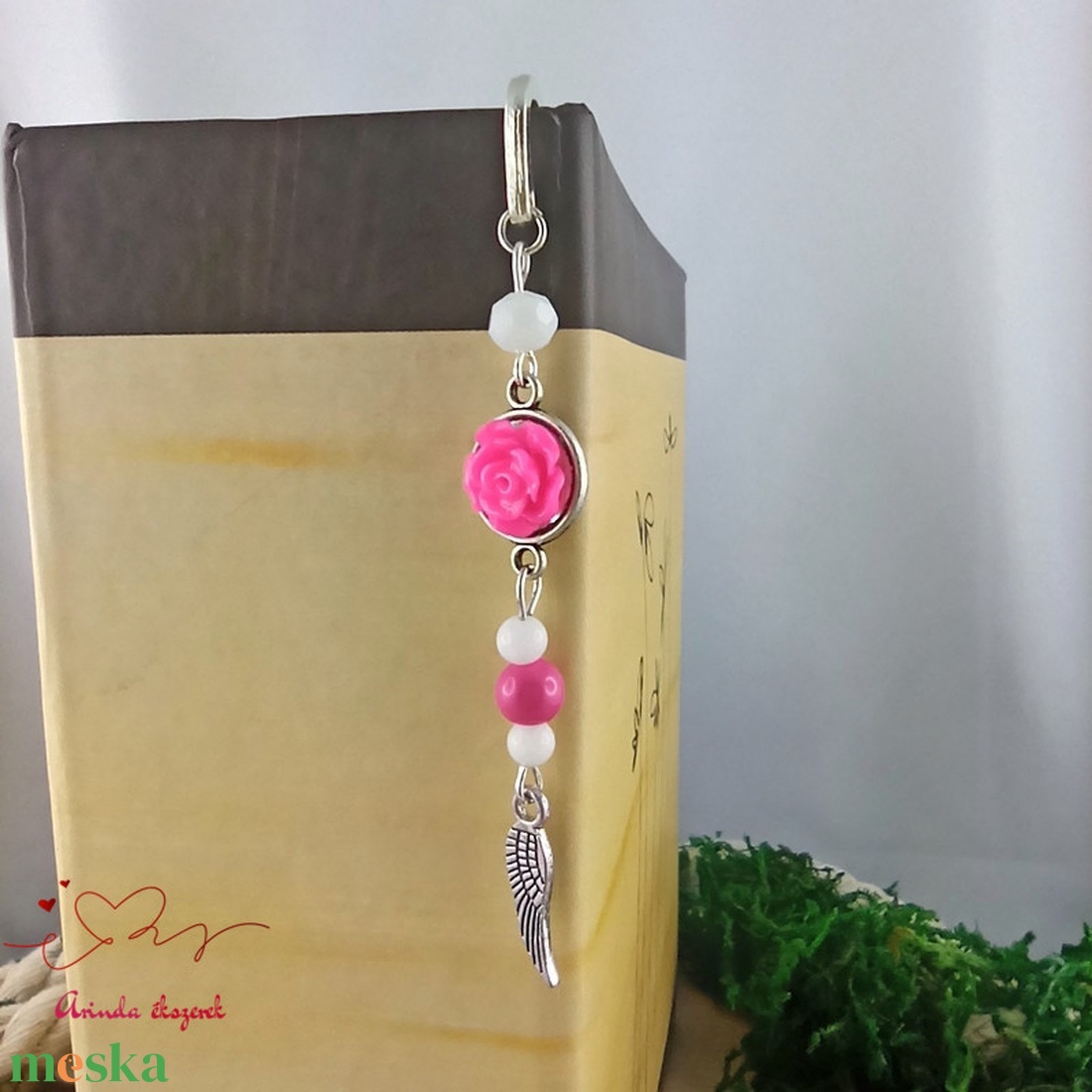 Pink rózsás könyvjelző - Anyák napi apró figyelmesség #84 - könyv & zene - könyvjelző - Meska.hu