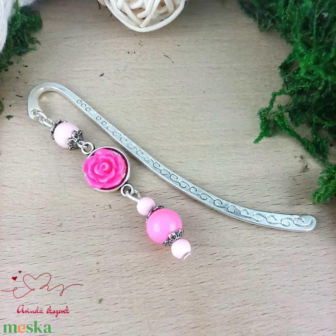 Pink rózsás könyvjelző - Anyák napi apró figyelmesség #85 - könyv & zene - könyvjelző - Meska.hu