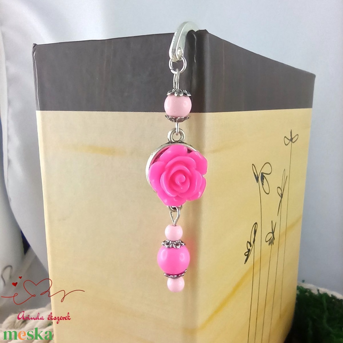 Pink rózsás könyvjelző - Anyák napi apró figyelmesség #91 - könyv & zene - könyvjelző - Meska.hu