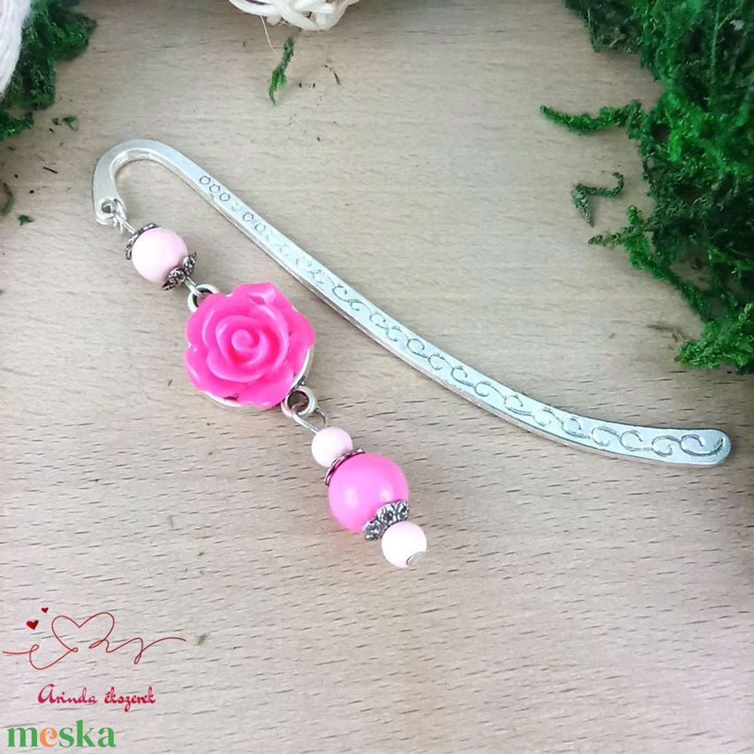 Pink rózsás könyvjelző - Anyák napi apró figyelmesség #91 - könyv & zene - könyvjelző - Meska.hu