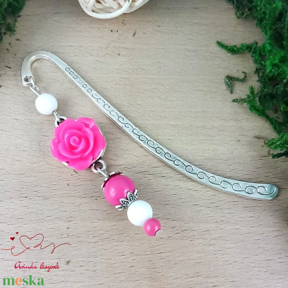 Pink rózsás könyvjelző - Anyák napi apró figyelmesség #87 - könyv & zene - könyvjelző - Meska.hu