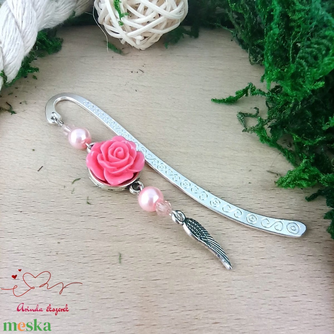 Pink rózsás könyvjelző - Anyák napi apró figyelmesség #93 - könyv & zene - könyvjelző - Meska.hu