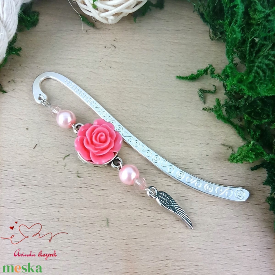Pink rózsás könyvjelző - Anyák napi apró figyelmesség #93 - könyv & zene - könyvjelző - Meska.hu