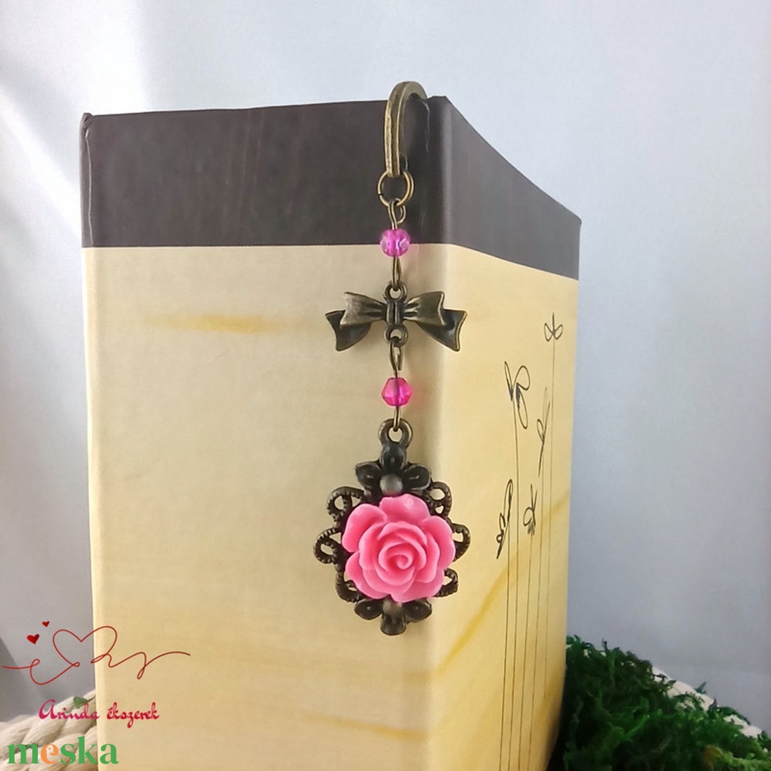 Pink rózsás könyvjelző - Anyák napi apró figyelmesség #94 - könyv & zene - könyvjelző - Meska.hu