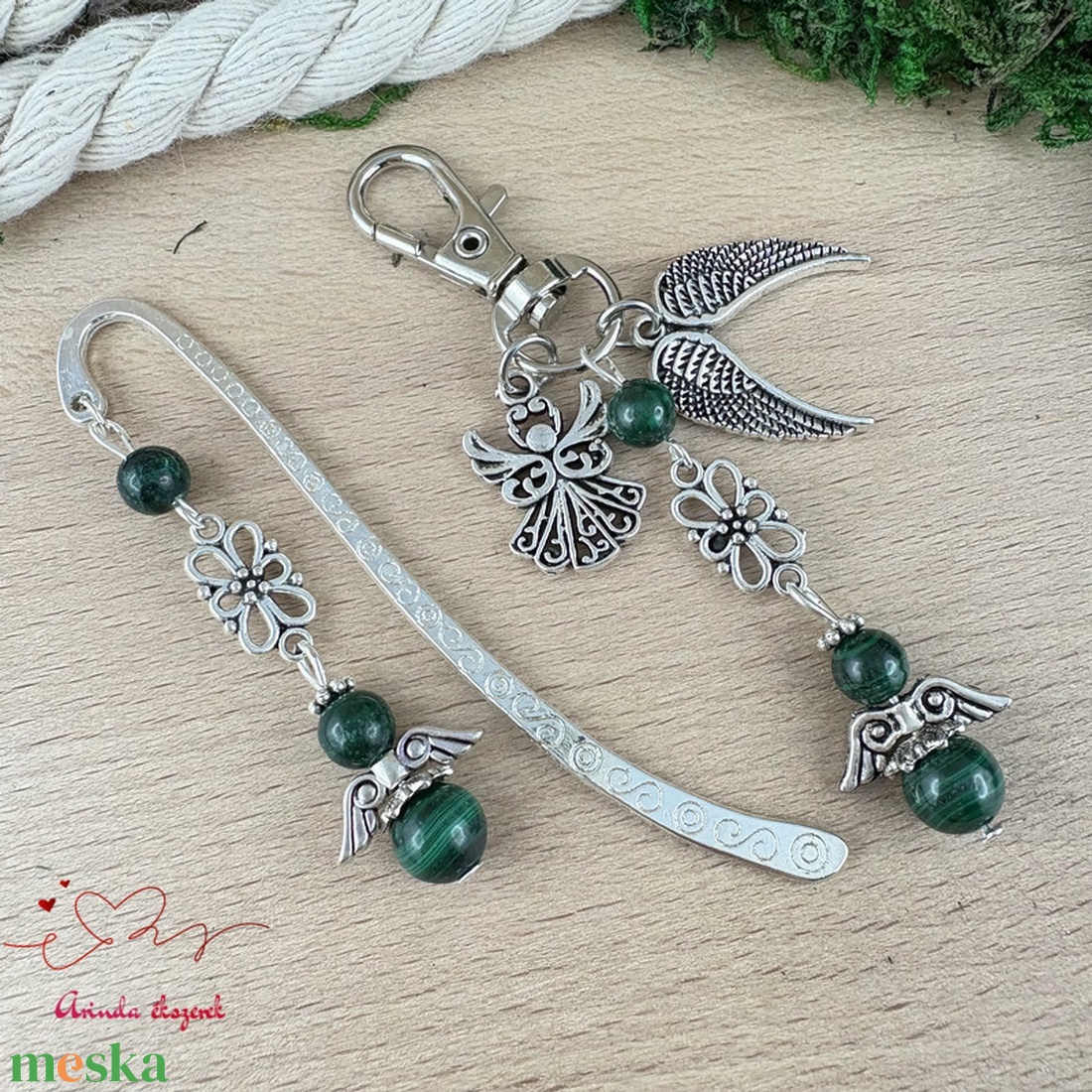 Malachit angyal könyvjelző és kulcstartó szett � ásvány ajándék - könyv & zene - könyvjelző - Meska.hu