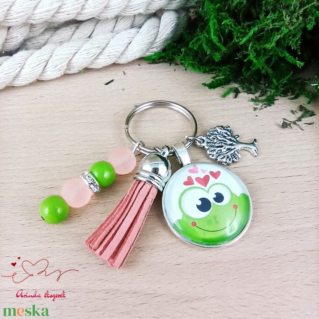 Békás üveglencsés kulcstartó rózsaszín bojttal � cuki ajándék gyerekeknek - táska & tok - kulcstartó & táskadísz - kulcstartó - Meska.hu