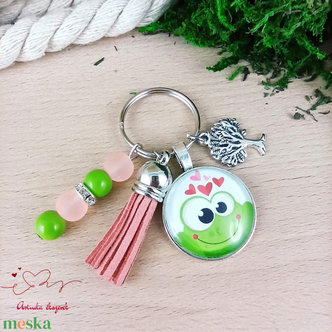 Békás üveglencsés kulcstartó rózsaszín bojttal � cuki ajándék gyerekeknek - táska & tok - kulcstartó & táskadísz - kulcstartó - Meska.hu