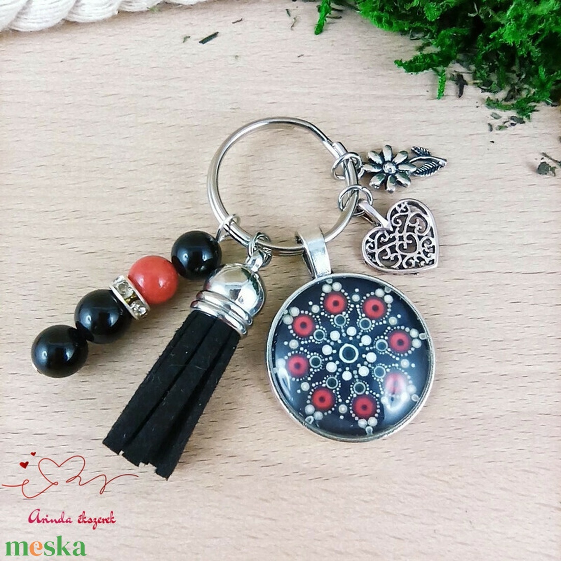 Fekete mandala mintás üveglencsés kulcstartó fekete bojttal � elegáns ajándék - táska & tok - kulcstartó & táskadísz - kulcstartó - Meska.hu