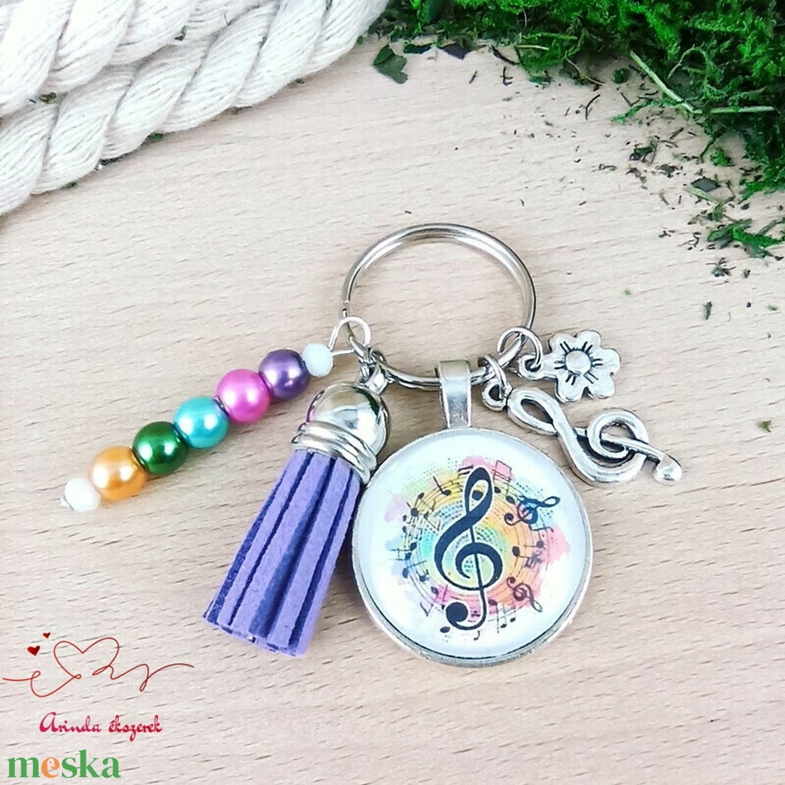Zenetanár ajándék � hangjegy mintás üveglencsés kulcstartó lila bojttal - táska & tok - kulcstartó & táskadísz - kulcstartó - Meska.hu