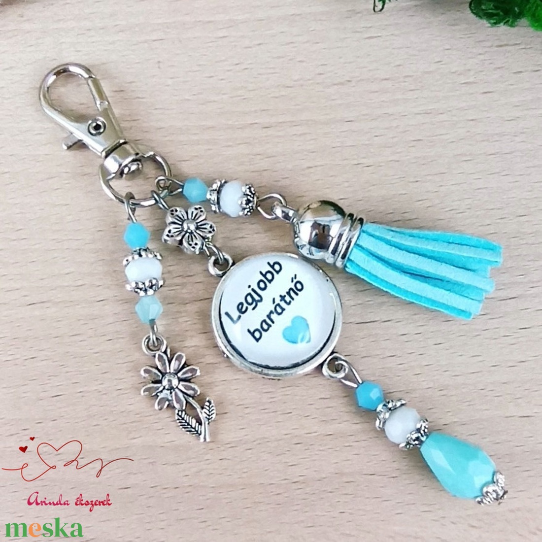 Legjobb barátnő üveglencsés kulcstartó világoskék bojttal � szívhez szóló ajándék barátnőnek - táska & tok - kulcstartó & táskadísz - kulcstartó - Meska.hu