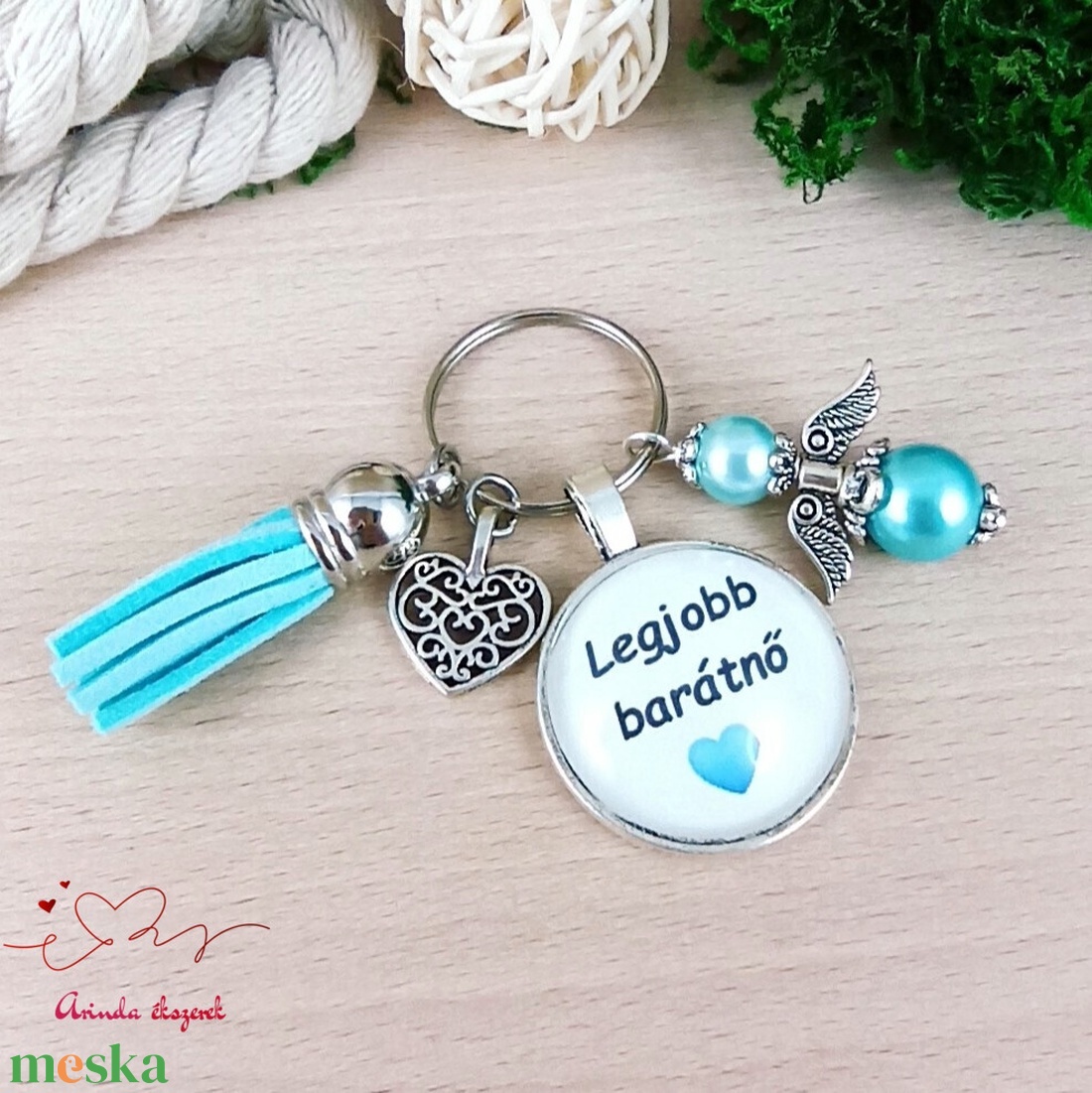 Legjobb barátnő türkiz üveglencsés kulcstartó angyalkás dísszel � különleges ajándék barátnőnek - táska & tok - kulcstartó & táskadísz - kulcstartó - Meska.hu