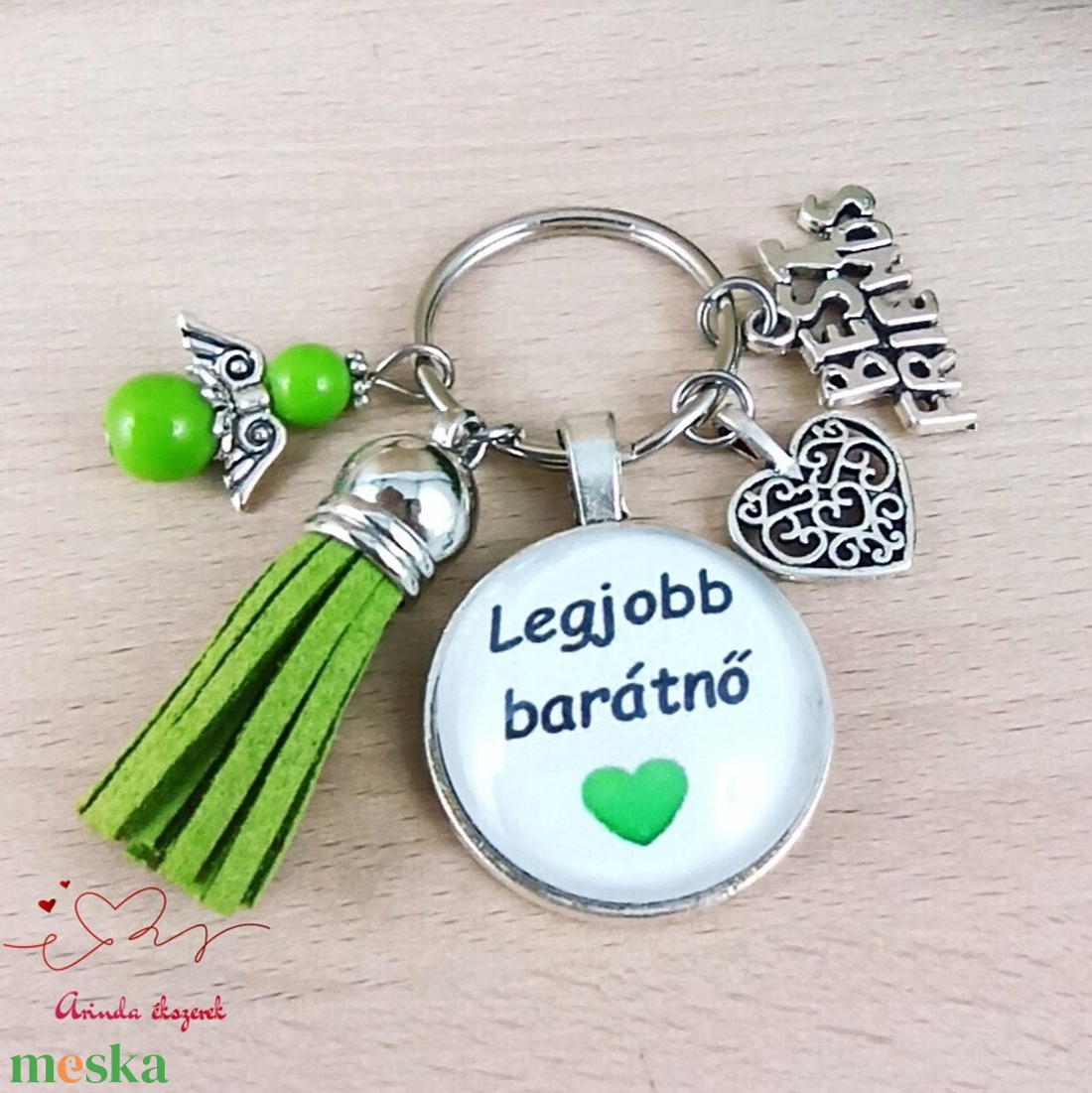 Legjobb barátnő zöld üveglencsés kulcstartó angyalkás dísszel � különleges ajándék barátnőnek - táska & tok - kulcstartó & táskadísz - kulcstartó - Meska.hu