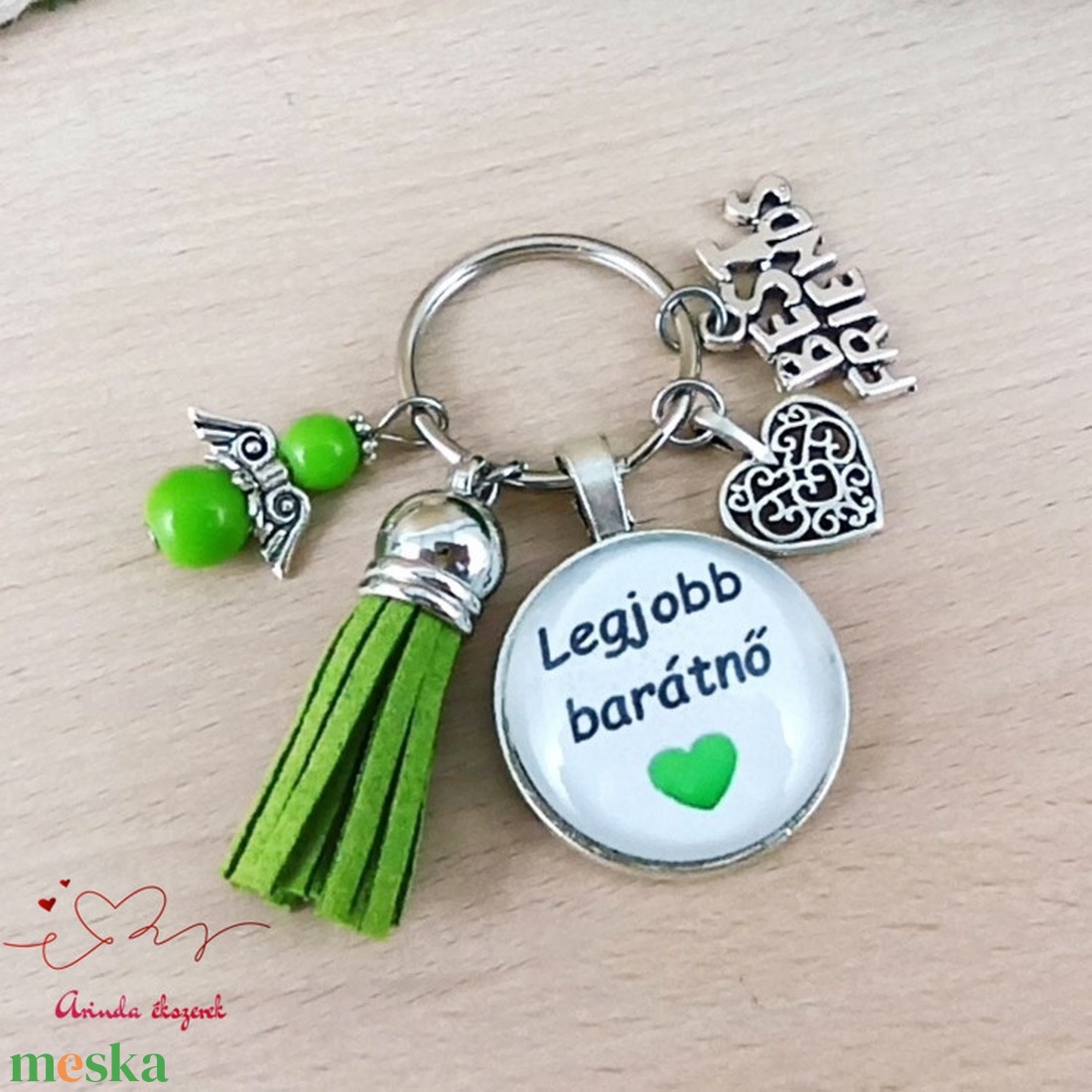 Legjobb barátnő zöld üveglencsés kulcstartó angyalkás dísszel � különleges ajándék barátnőnek - táska & tok - kulcstartó & táskadísz - kulcstartó - Meska.hu