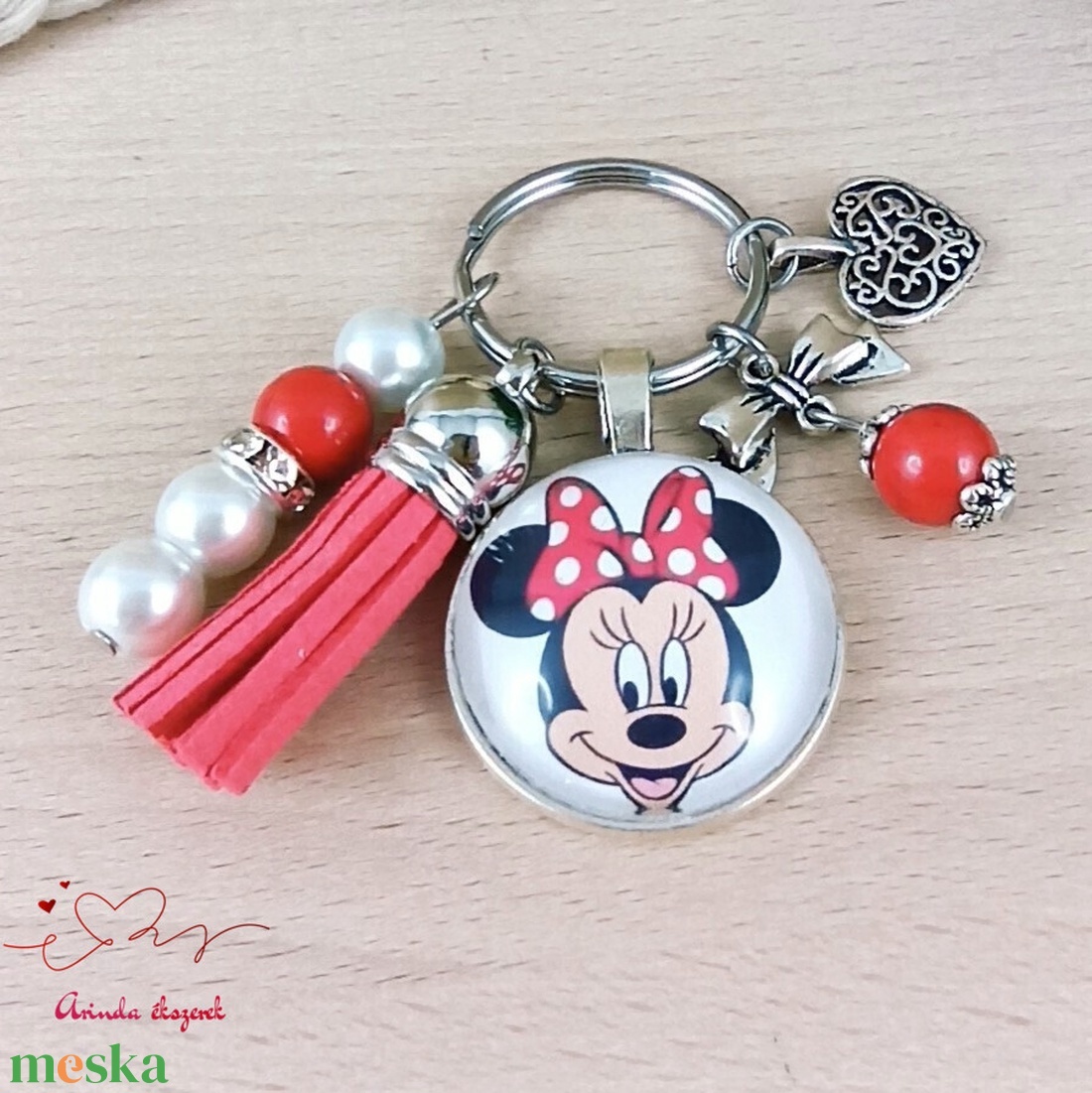 Minnie mintás üveglencsés kulcstartó piros bojttal � cuki ajándék lányoknak - táska & tok - kulcstartó & táskadísz - kulcstartó - Meska.hu
