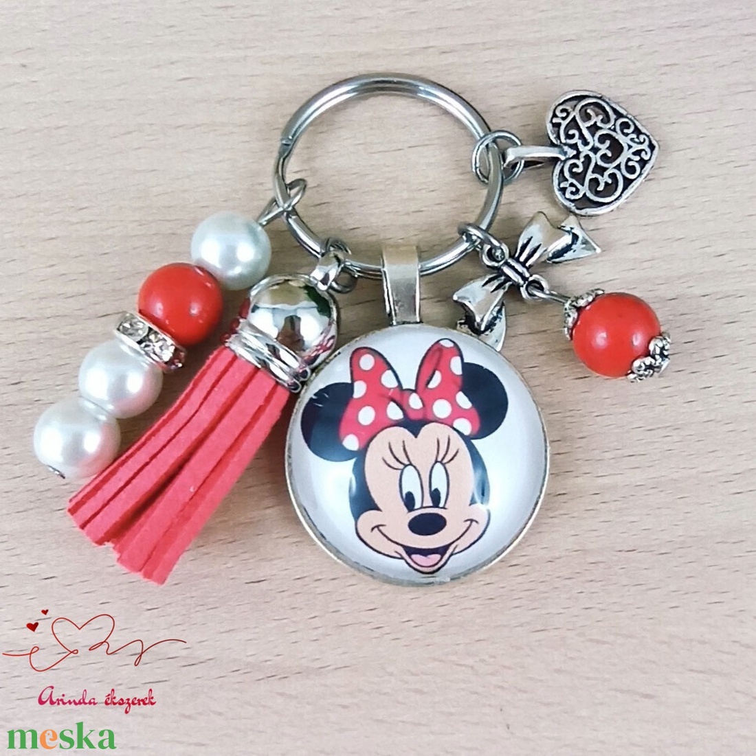 Minnie mintás üveglencsés kulcstartó piros bojttal � cuki ajándék lányoknak - táska & tok - kulcstartó & táskadísz - kulcstartó - Meska.hu