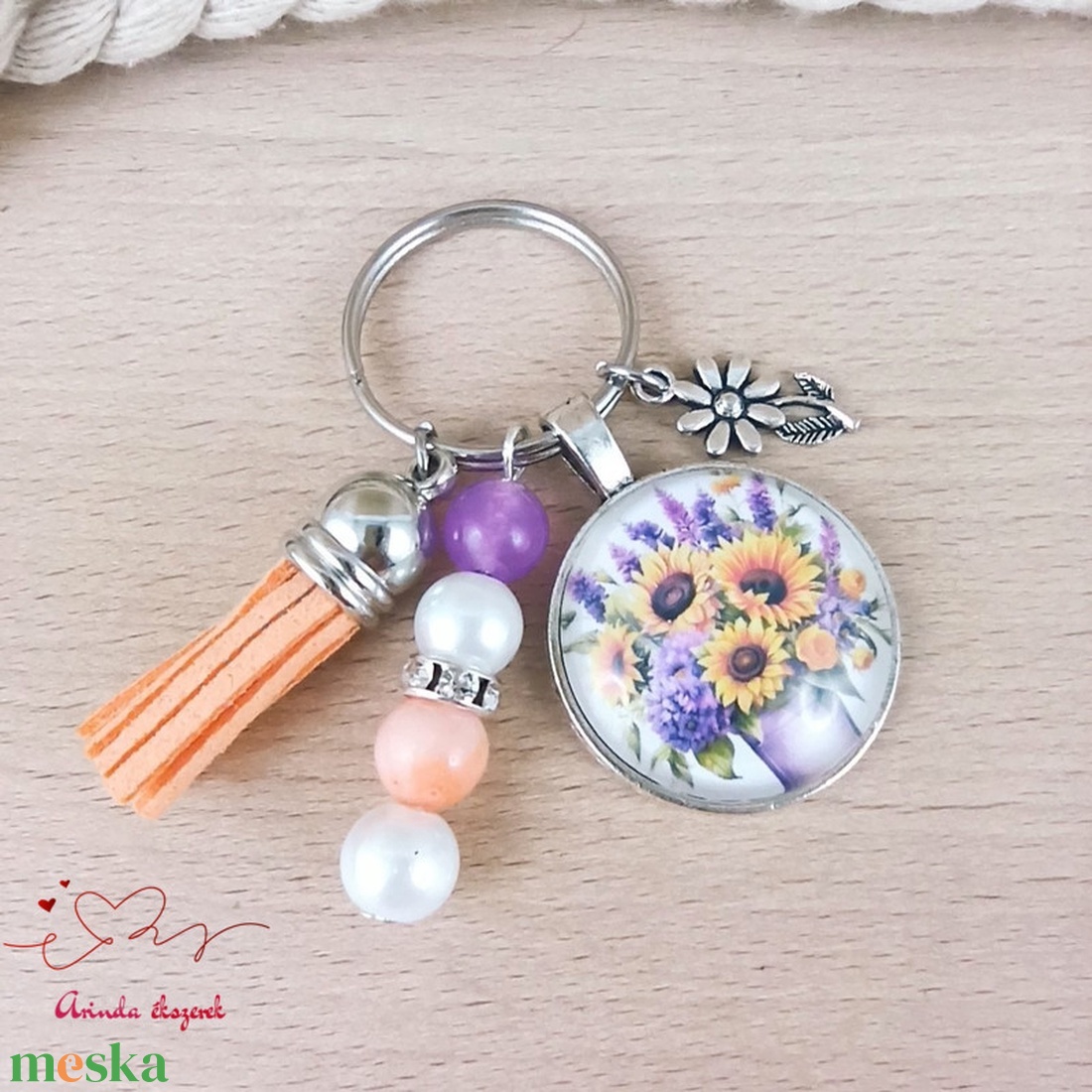 Napraforgós levendulás üveglencsés kulcstartó narancs bojttal � nyári ajándék nőknek - táska & tok - kulcstartó & táskadísz - kulcstartó - Meska.hu