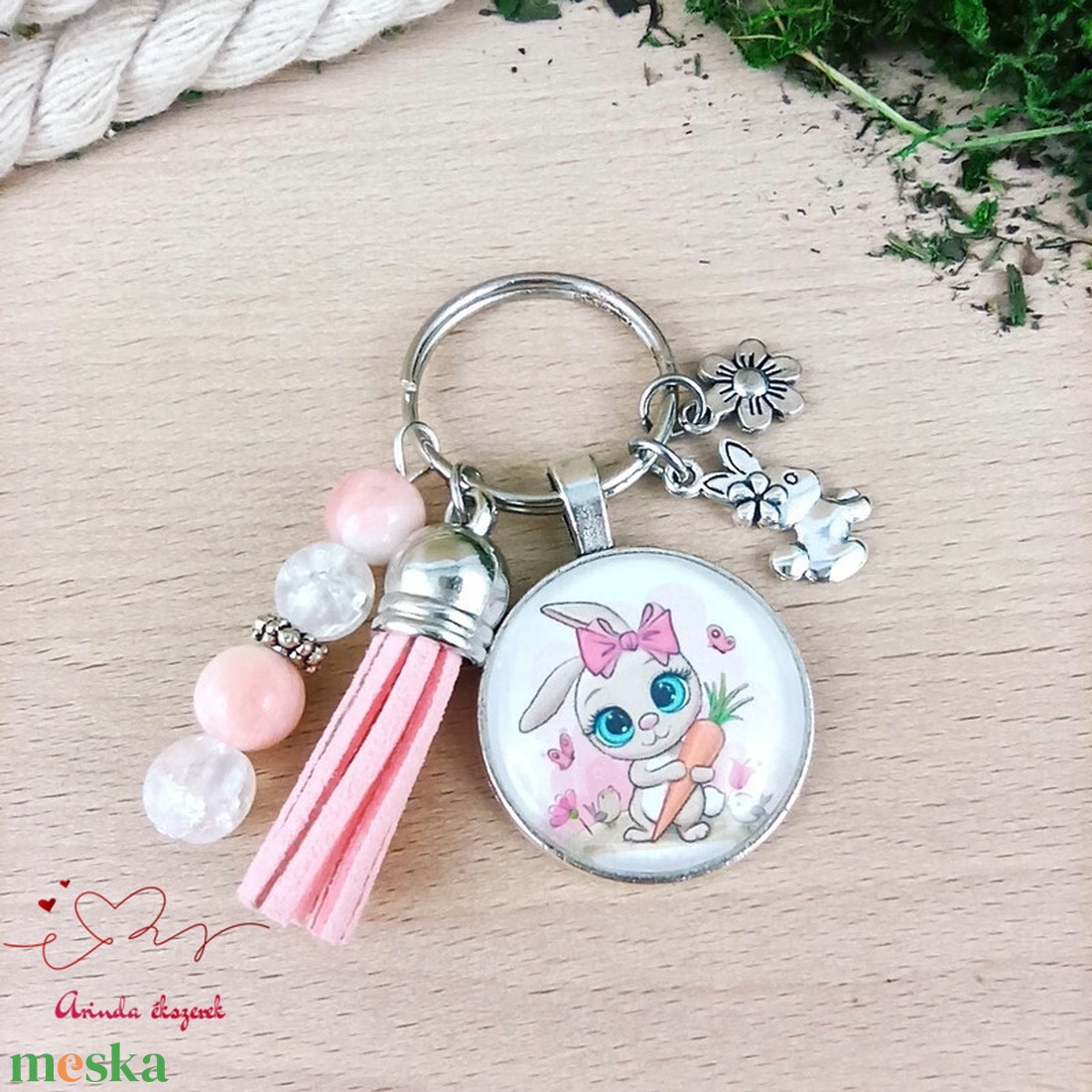 Cuki nyuszis üveglencsés kulcstartó rózsaszín bojttal � kedves ajándék kislányoknak - táska & tok - kulcstartó & táskadísz - kulcstartó - Meska.hu