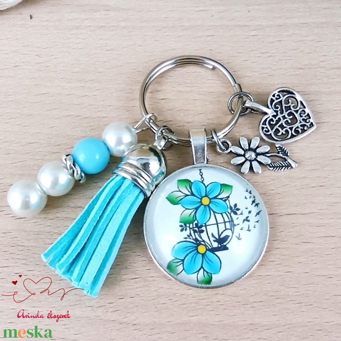 Kék virág kalitka üveglencsés kulcstartó bojttal � romantikus ajándék - táska & tok - kulcstartó & táskadísz - kulcstartó - Meska.hu