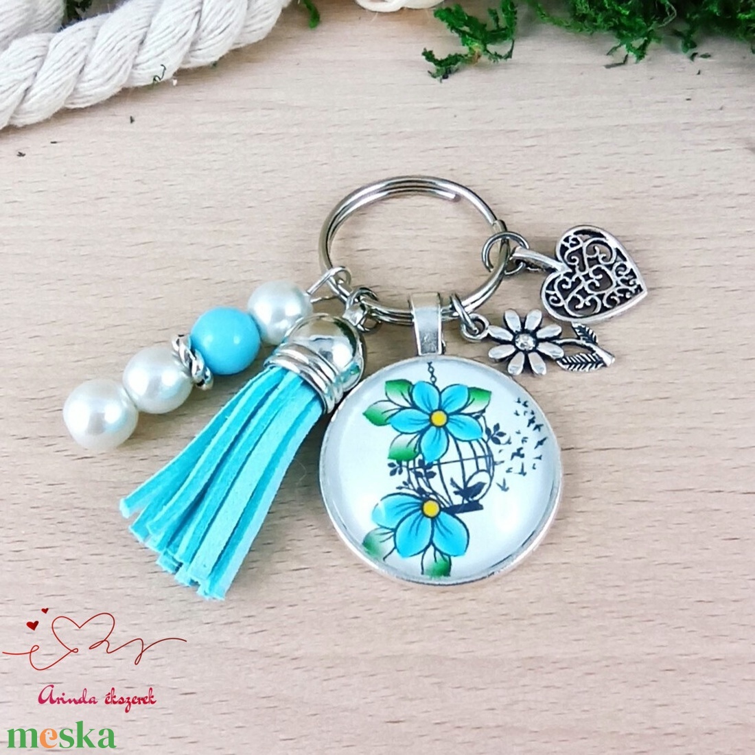 Kék virág kalitka üveglencsés kulcstartó bojttal � romantikus ajándék - táska & tok - kulcstartó & táskadísz - kulcstartó - Meska.hu