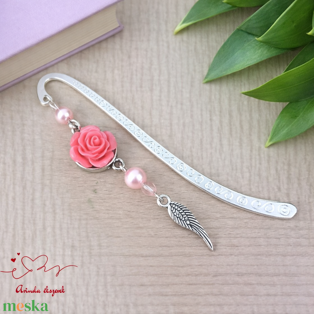 Pink rózsás könyvjelző - Anyák napi apró figyelmesség #93 - könyv & zene - könyvjelző - Meska.hu