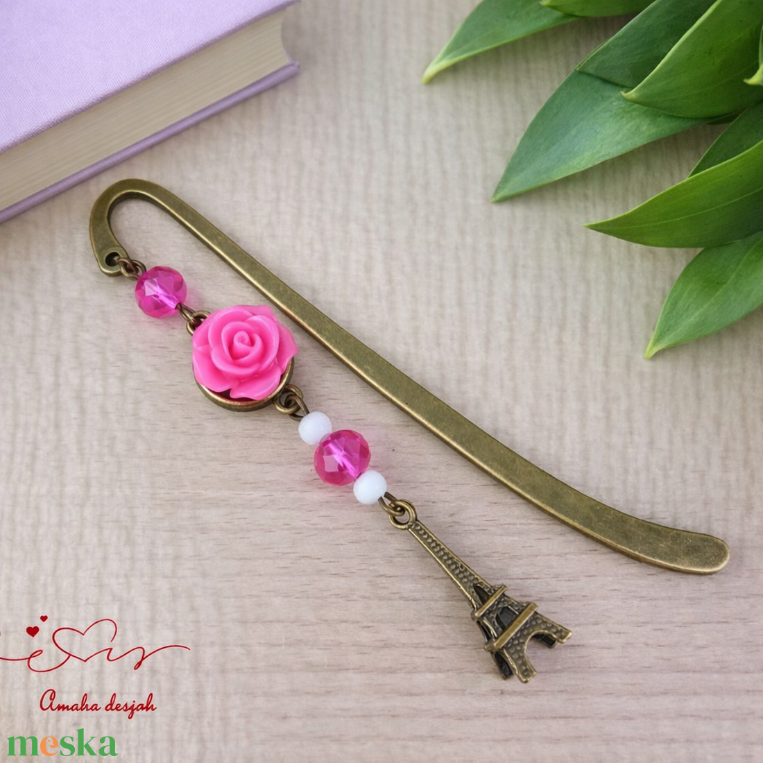 Pink rózsás könyvjelző - Anyák napi apró figyelmesség #92 - könyv & zene - könyvjelző - Meska.hu