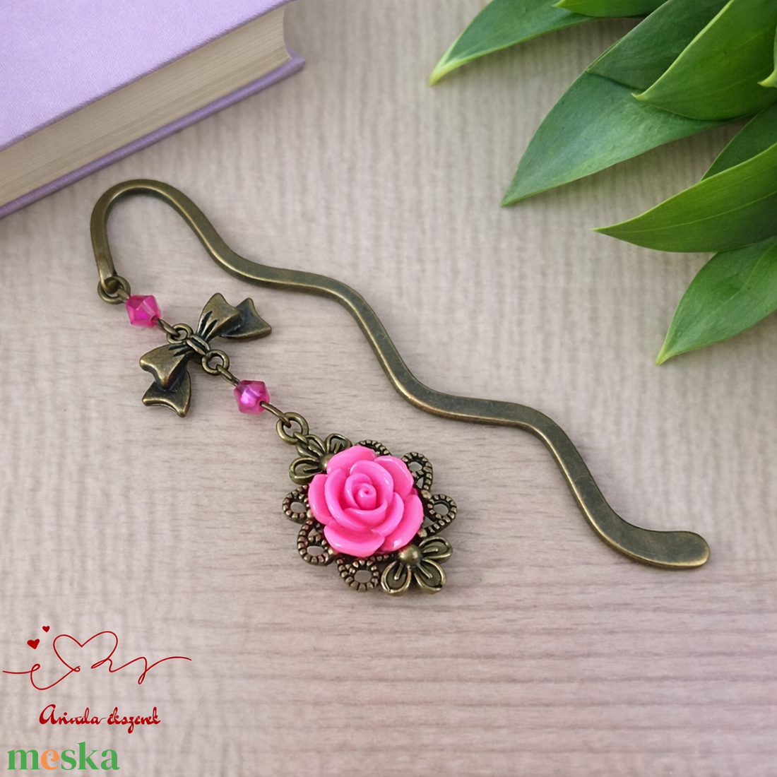 Pink rózsás könyvjelző - Anyák napi apró figyelmesség #86 - könyv & zene - könyvjelző - Meska.hu