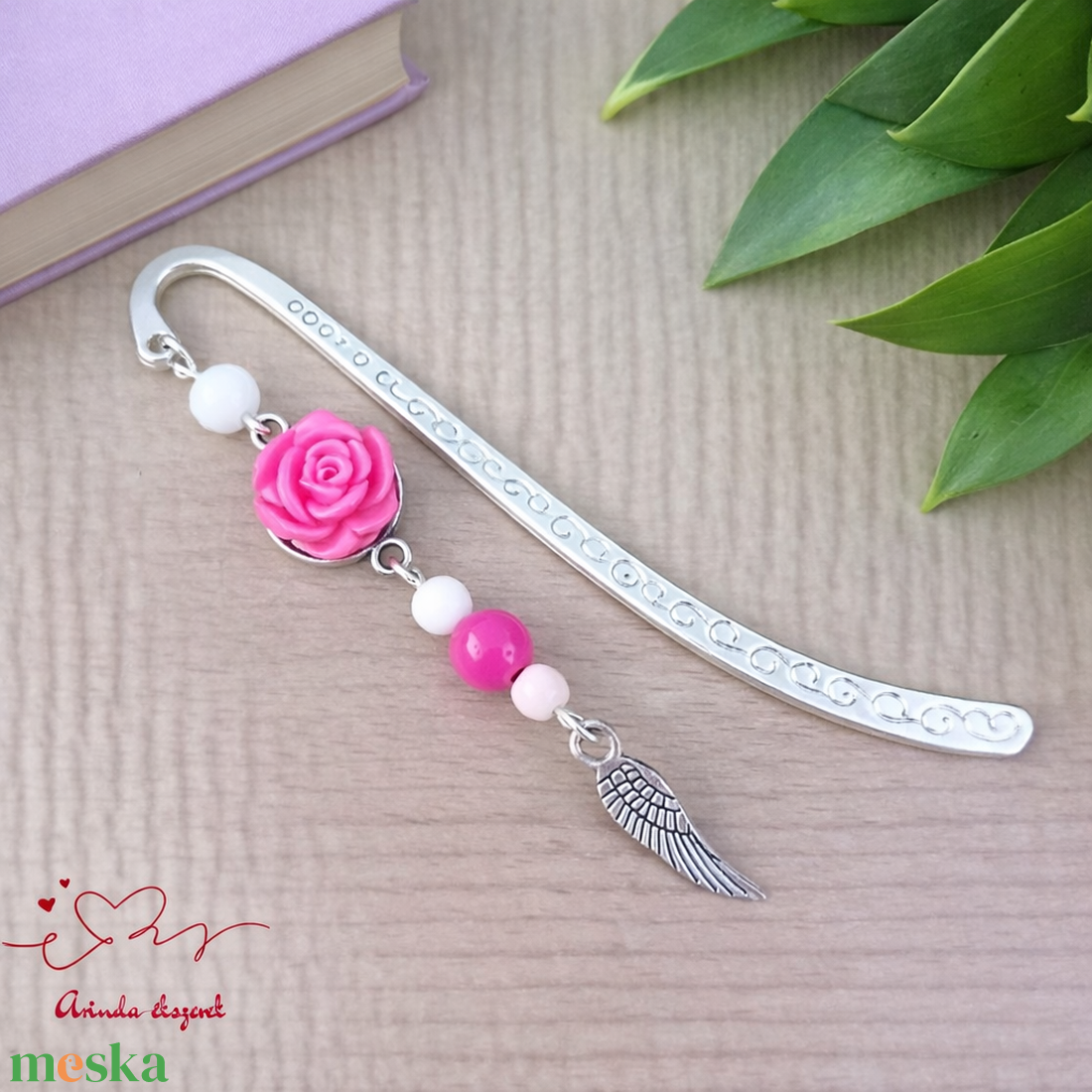 Pink rózsás könyvjelző - Anyák napi apró figyelmesség #84 - könyv & zene - könyvjelző - Meska.hu