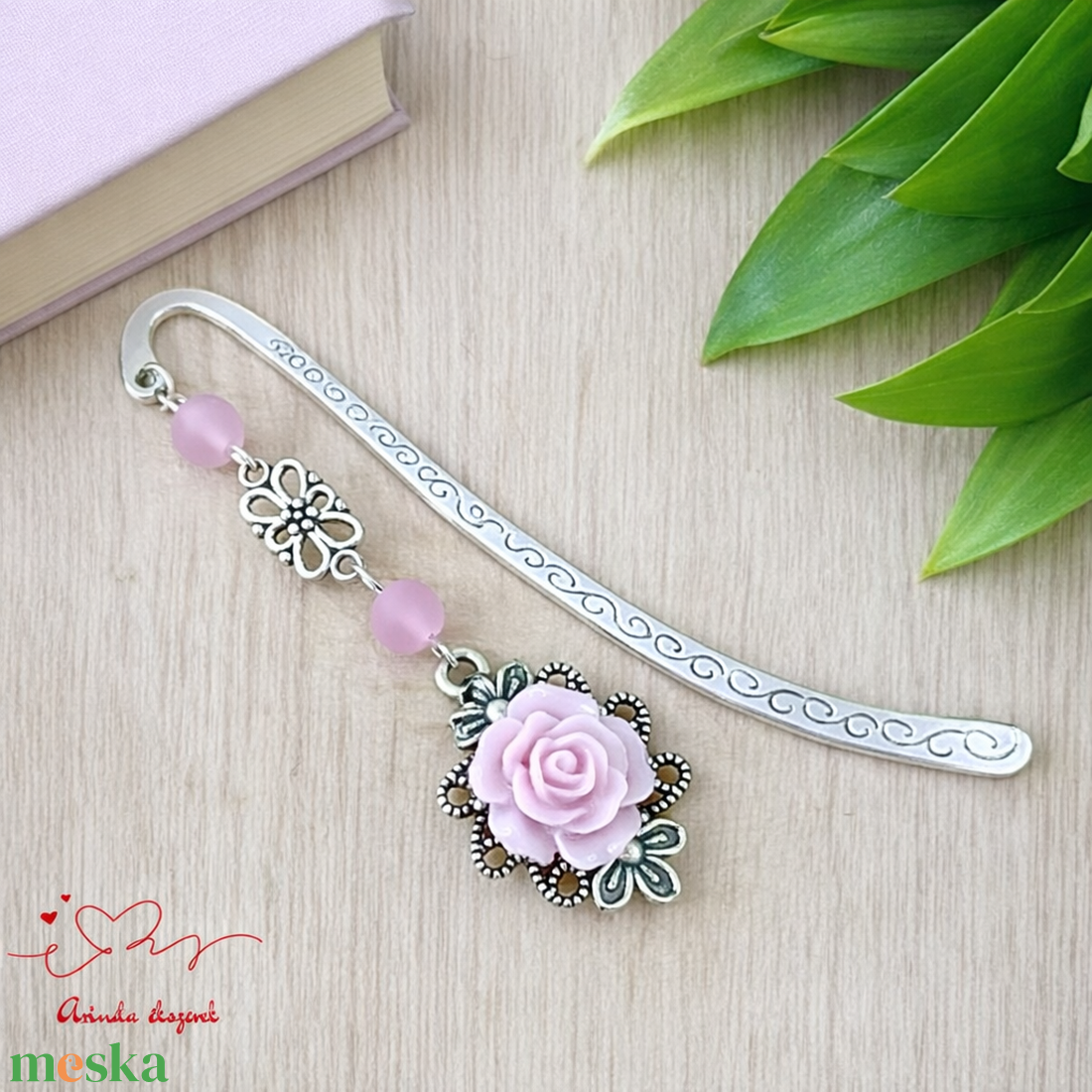 Rózsaszín rózsás könyvjelző - Anyák napi apró figyelmesség #56 - könyv & zene - könyvjelző - Meska.hu