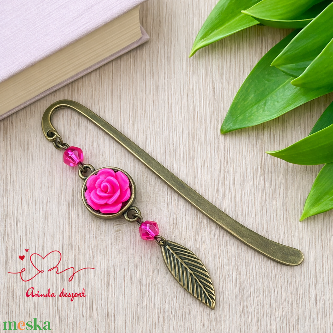 Pink rózsás könyvjelző - Anyák napi apró figyelmesség #88 - könyv & zene - könyvjelző - Meska.hu