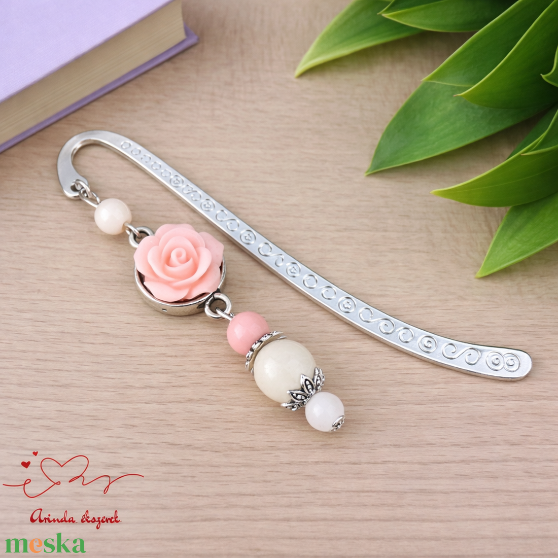 Rózsaszín rózsás könyvjelző - Anyák napi apró figyelmesség #20 - könyv & zene - könyvjelző - Meska.hu