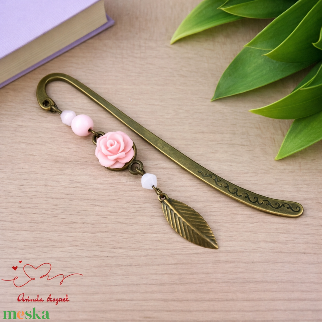 Rózsaszín rózsás könyvjelző - Anyák napi apró figyelmesség #23 - könyv & zene - könyvjelző - Meska.hu