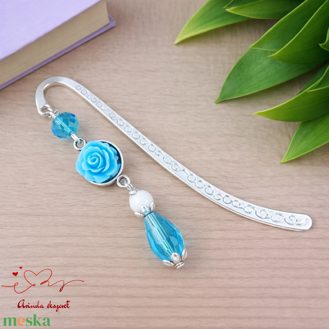 Világoskék rózsás könyvjelző - Anyák napi apró figyelmesség #5 - könyv & zene - könyvjelző - Meska.hu