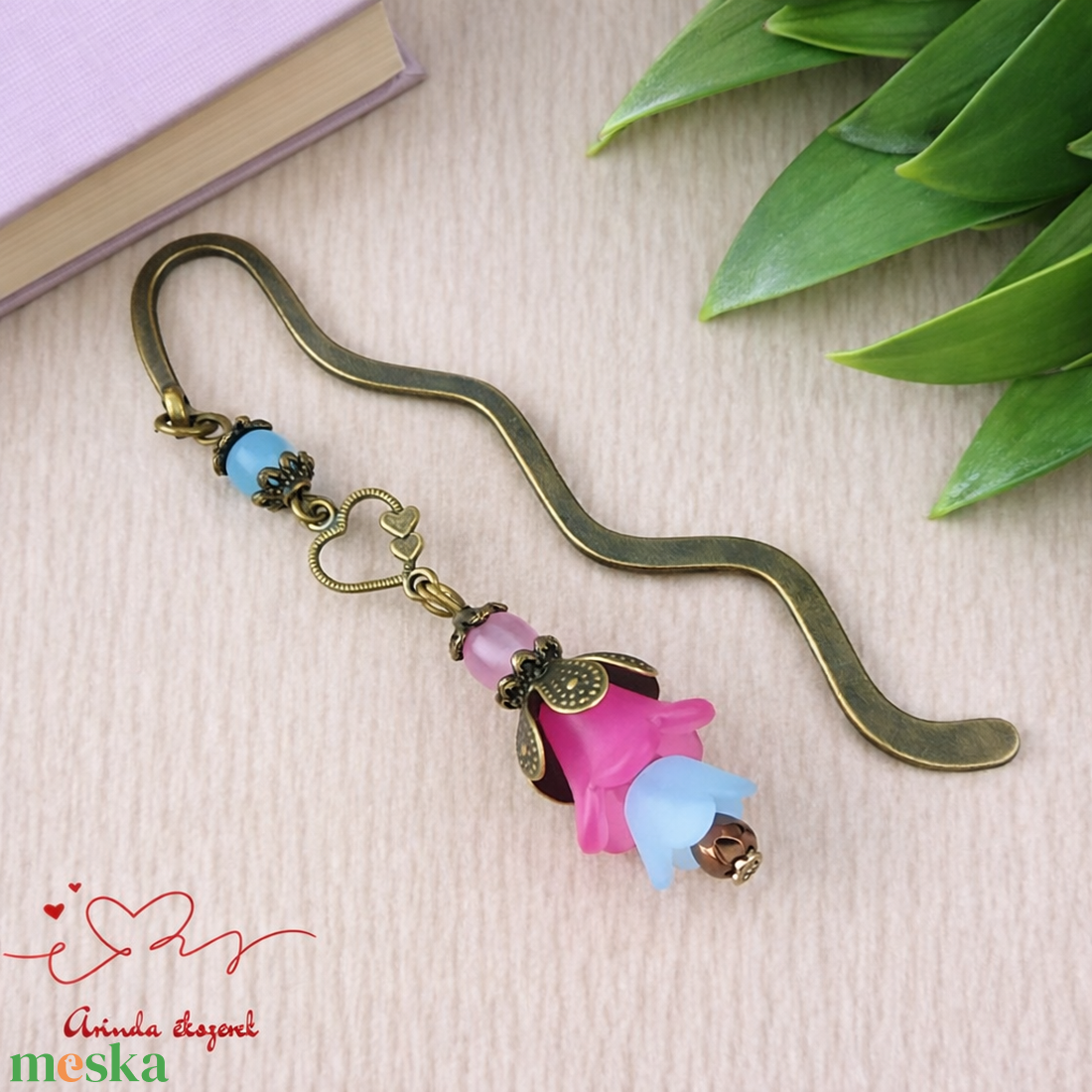 Pink-kék virágos könyvjelző - könyv & zene - könyvjelző - Meska.hu