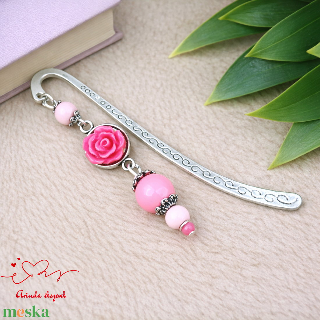 Pink rózsás könyvjelző - Anyák napi apró figyelmesség #85 - könyv & zene - könyvjelző - Meska.hu