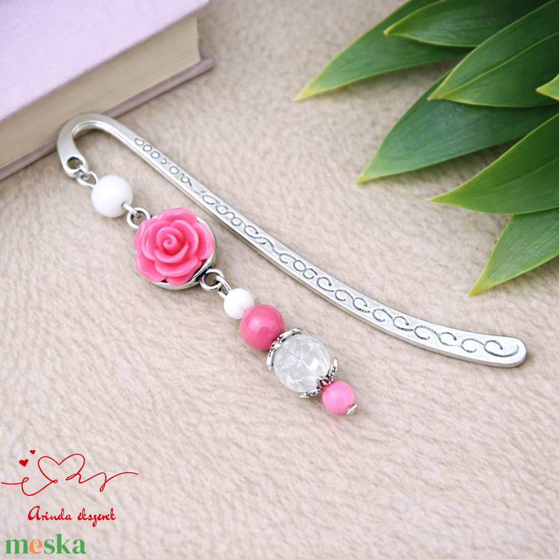Pink rózsás könyvjelző - Anyák napi apró figyelmesség #89 - könyv & zene - könyvjelző - Meska.hu