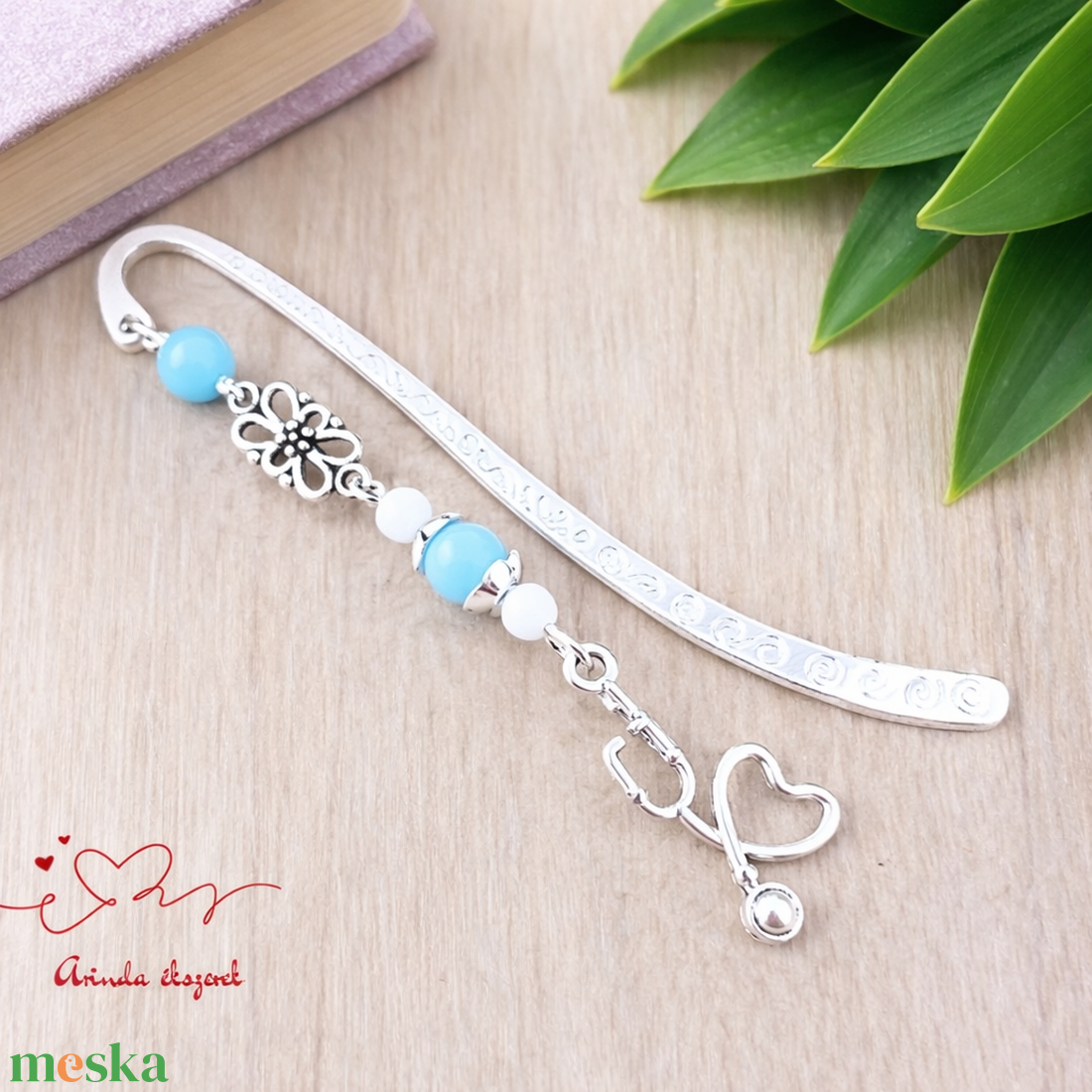 Sztetoszkóp charm könyvjelző � kék gyöngyökkel, egészségügyi dolgozóknak - könyv & zene - könyvjelző - Meska.hu