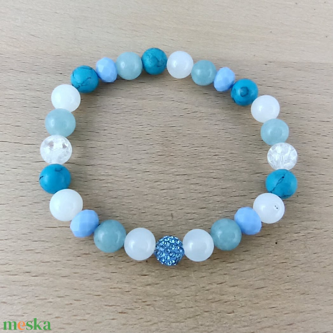 Ásvány-üveg karkötő hegyikristállyal, akvamarinnal és türkizzel � 17 cm - ékszer - karkötő - ásványkarkötő - Meska.hu