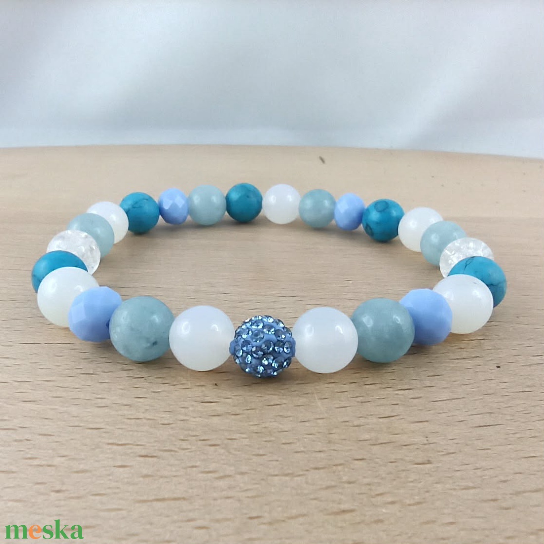 Ásvány-üveg karkötő hegyikristállyal, akvamarinnal és türkizzel � 17 cm - ékszer - karkötő - ásványkarkötő - Meska.hu